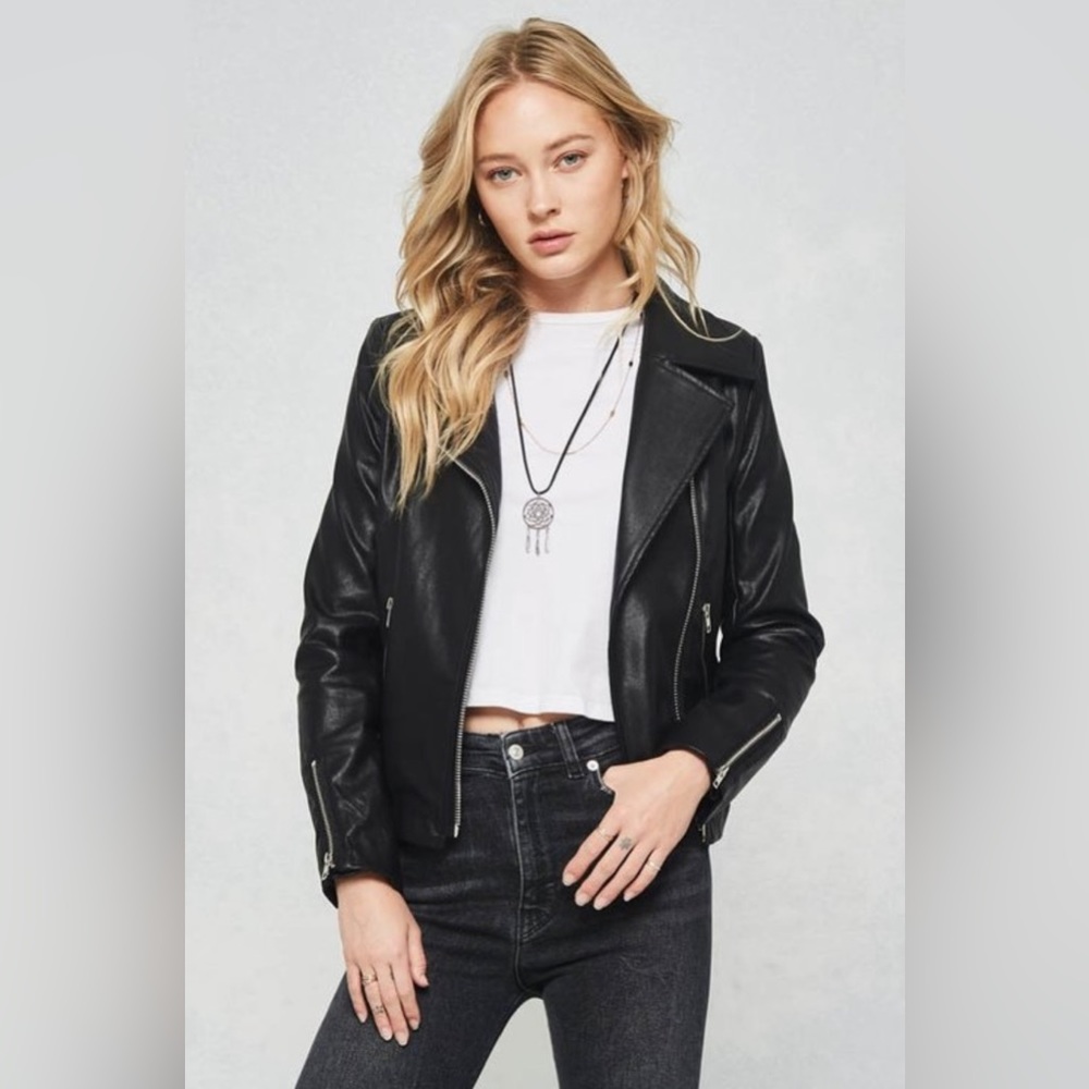 faux leather jacket featuring notched lapels